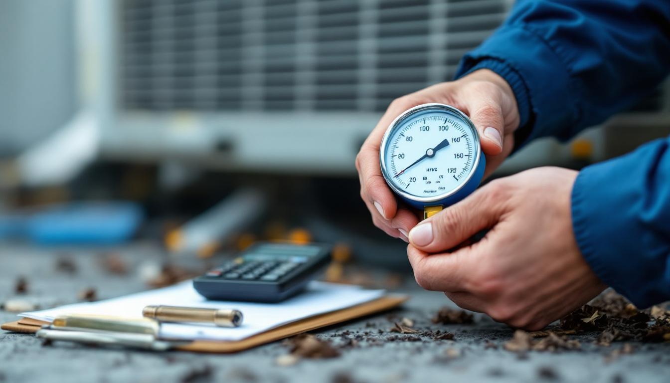 Manómetro de refrigerante midiendo presión de un aire acondicionado durante mantenimiento
