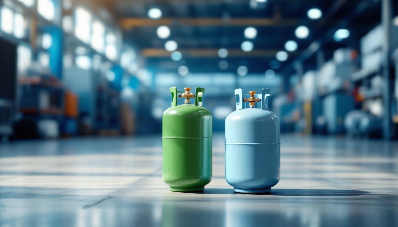 Cilindros de refrigerante R-22 y R-410A comparados lado a lado en taller técnico