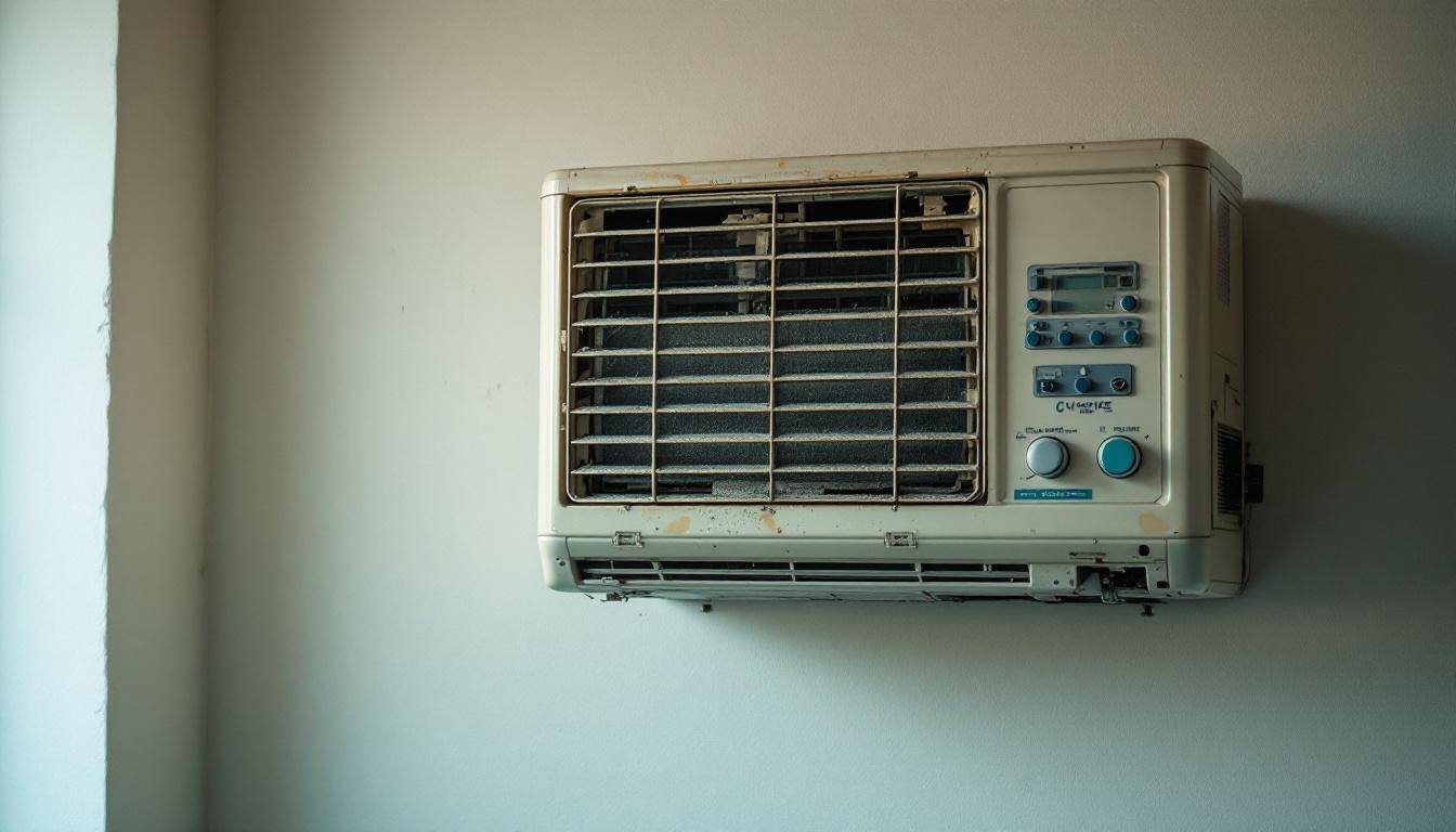 Aire acondicionado de pared antiguo con desgaste visible y polvo en la rejilla