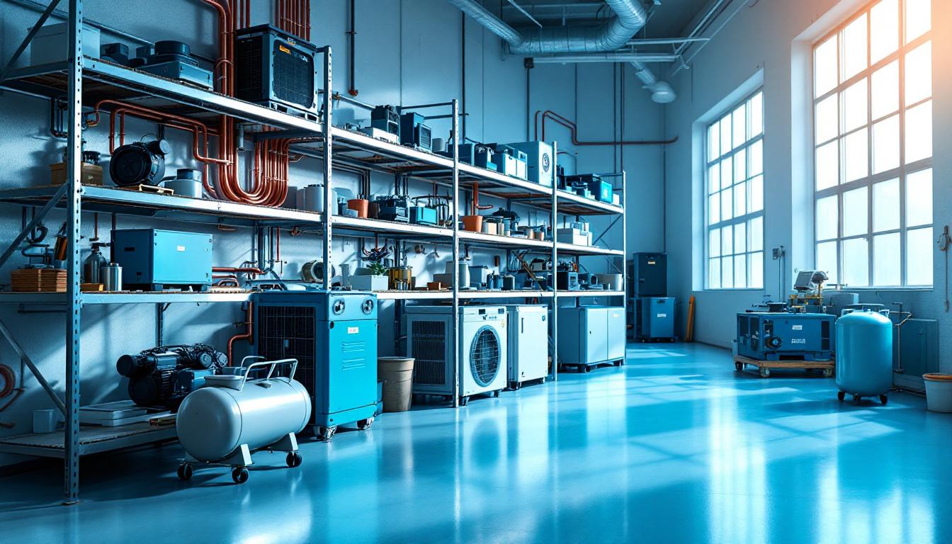 Taller de AIRLOGIC con herramientas y equipos HVAC organizados