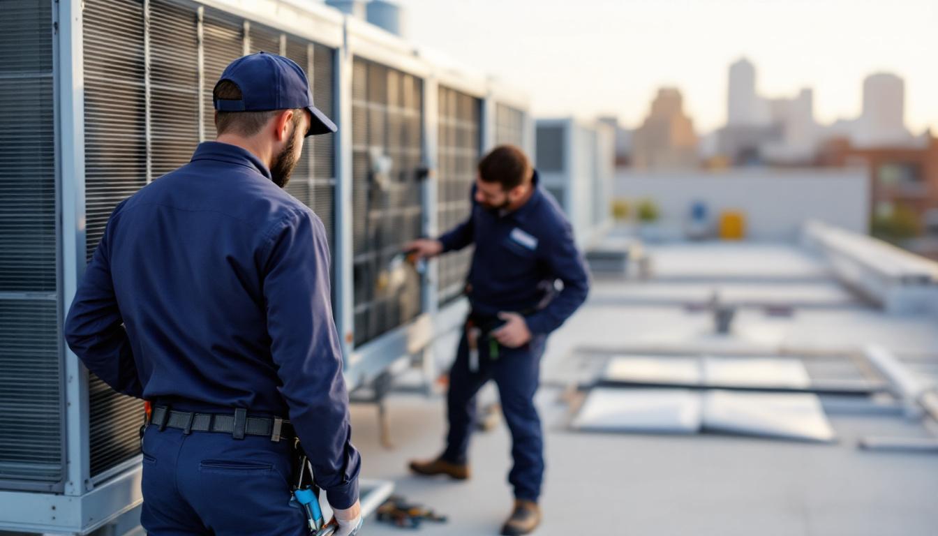 Técnicos AIRLOGIC trabajando en chiller comercial en azotea