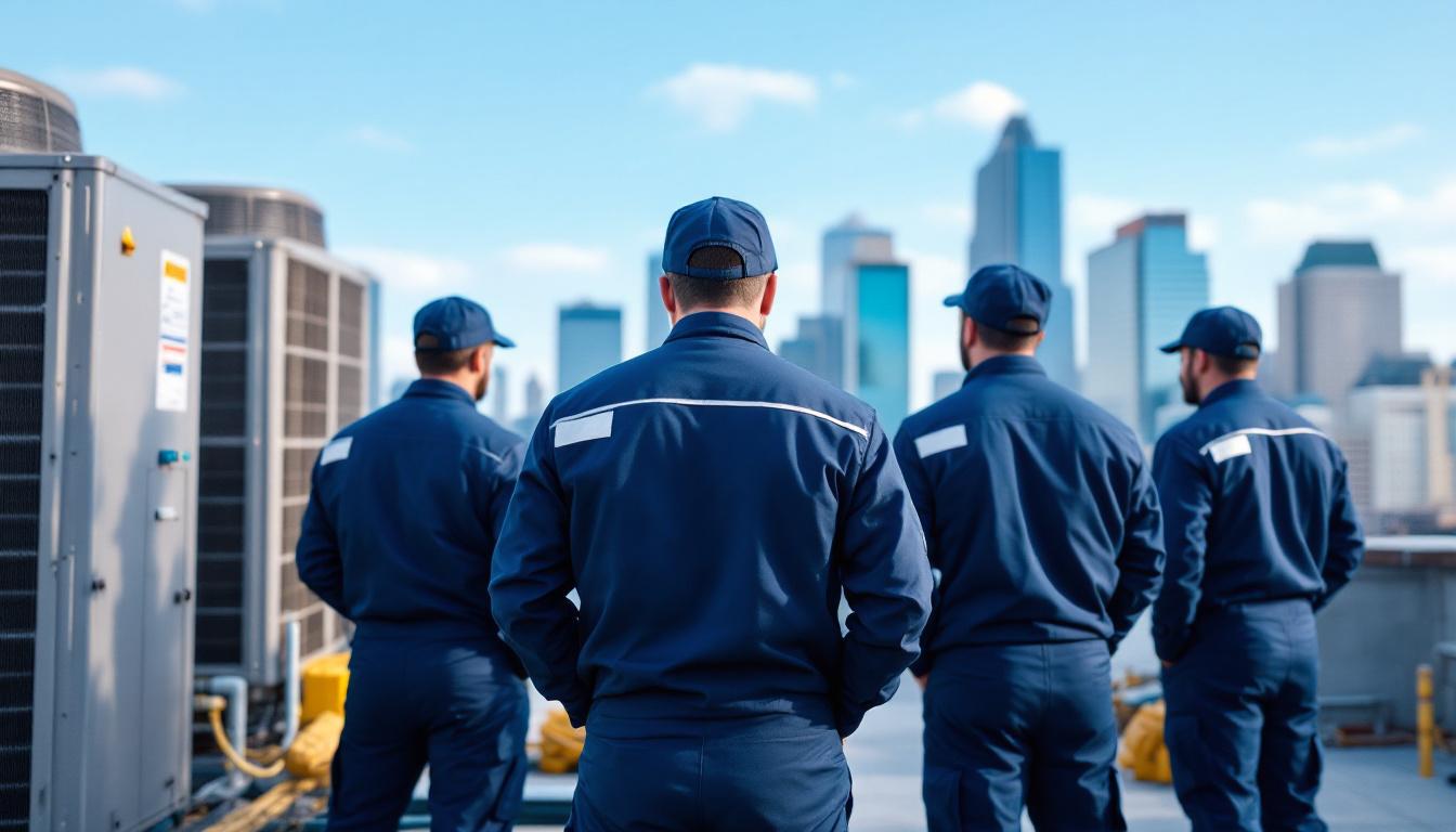 Equipo de técnicos AIRLOGIC trabajando juntos en azotea de Lima