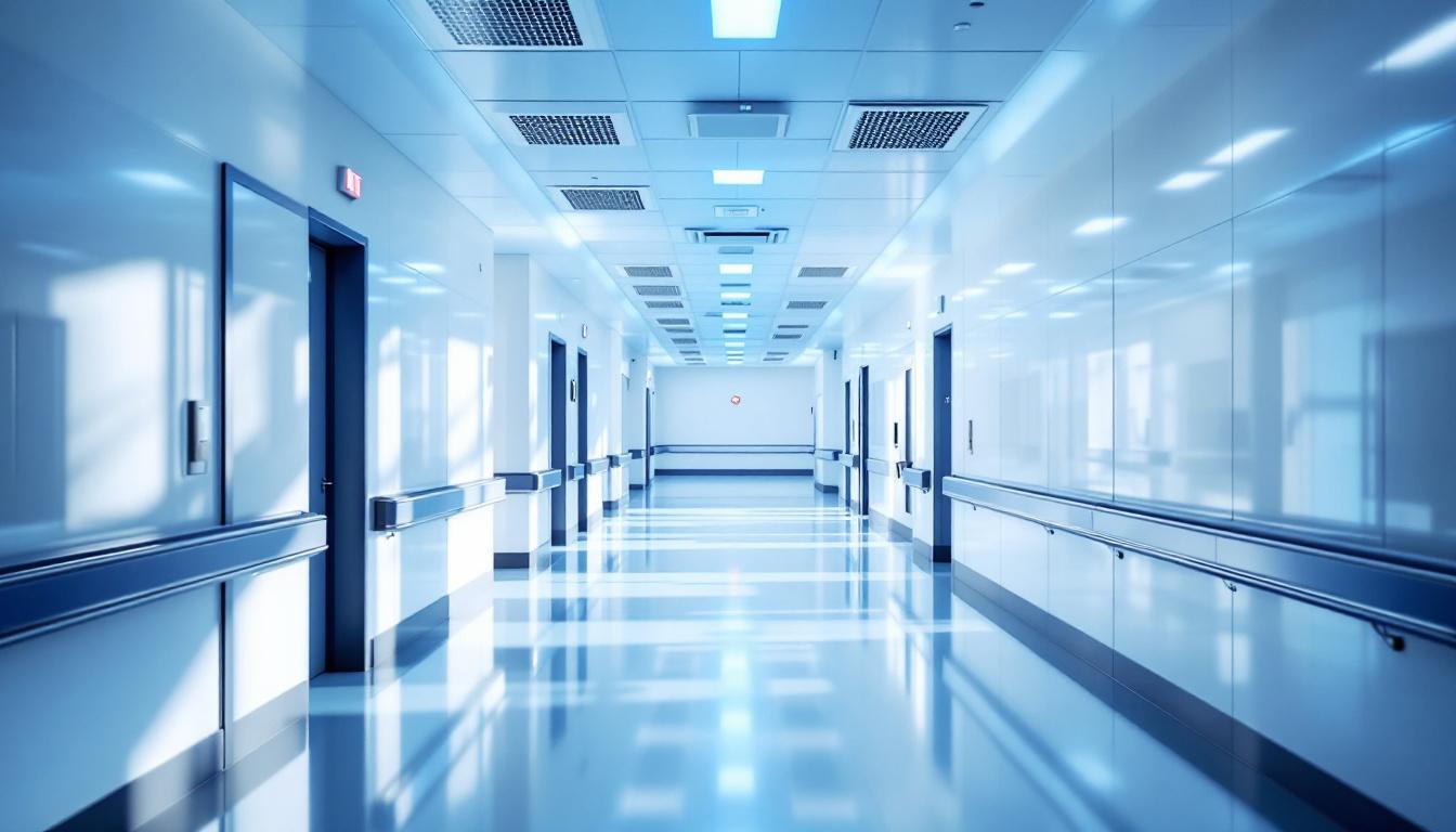 Pasillo de clínica privada con difusores HEPA en techo