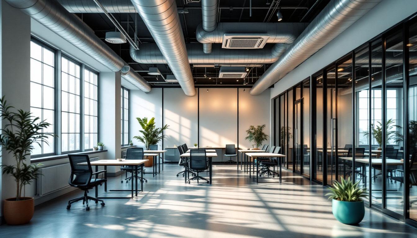 Espacio coworking moderno con ductos de ventilación expuestos