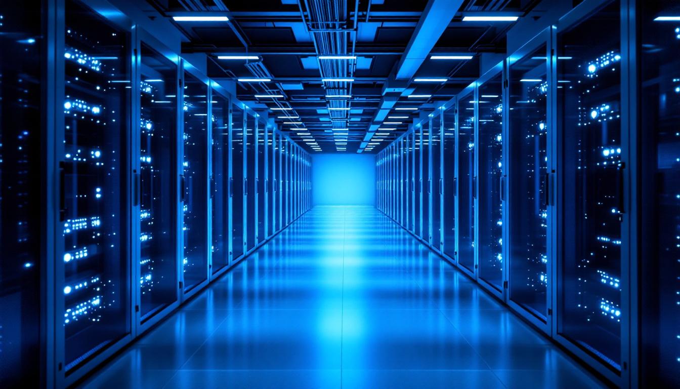 Pasillo frío de data center con racks de servidores y unidades CRAC