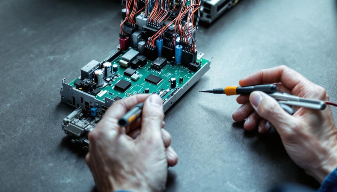 Técnico midiendo placa electrónica de aire acondicionado con multímetro digital durante reparación