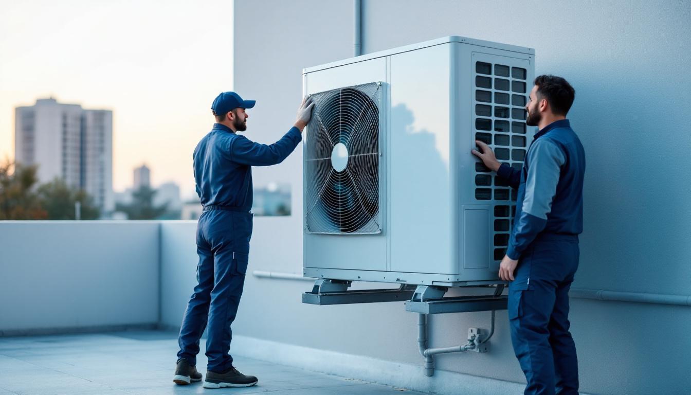 Técnicos instalando una unidad VRF outdoor de aire acondicionado en azotea de Lima