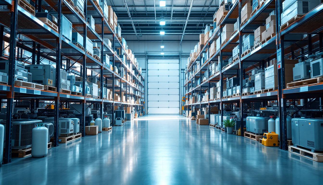 Repuestos HVAC organizados en estantes: compresores, refrigerantes y capacitores