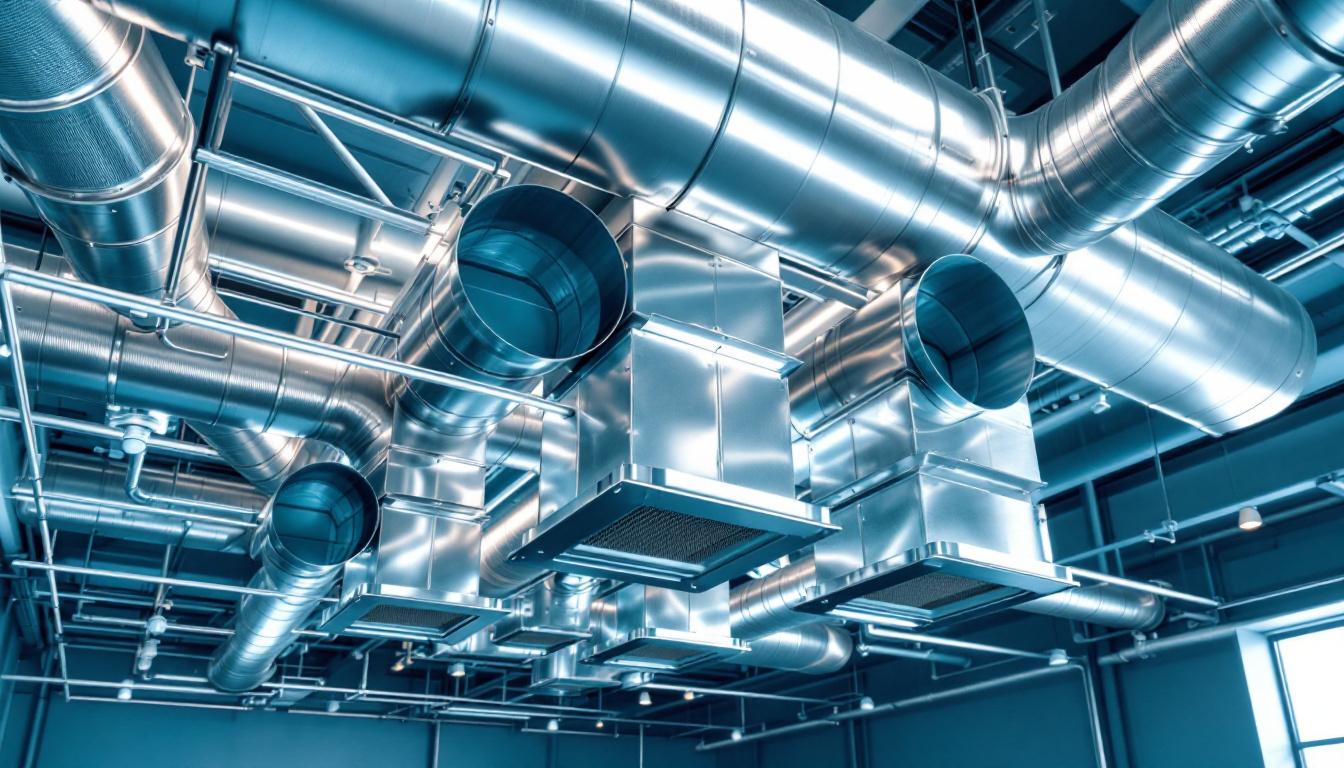 Ductería metálica con difusores circulares instalados en techo de edificio comercial